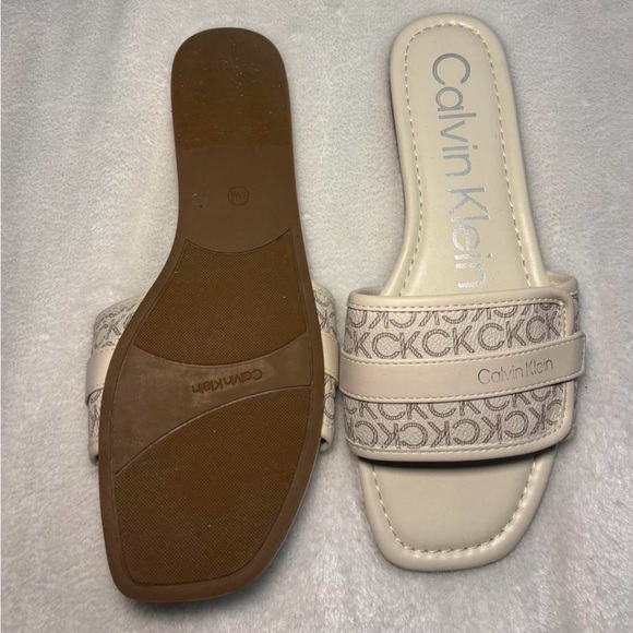 Calvin Klein Beige Logo Band Slide Sandals - Picture 3 of 3
